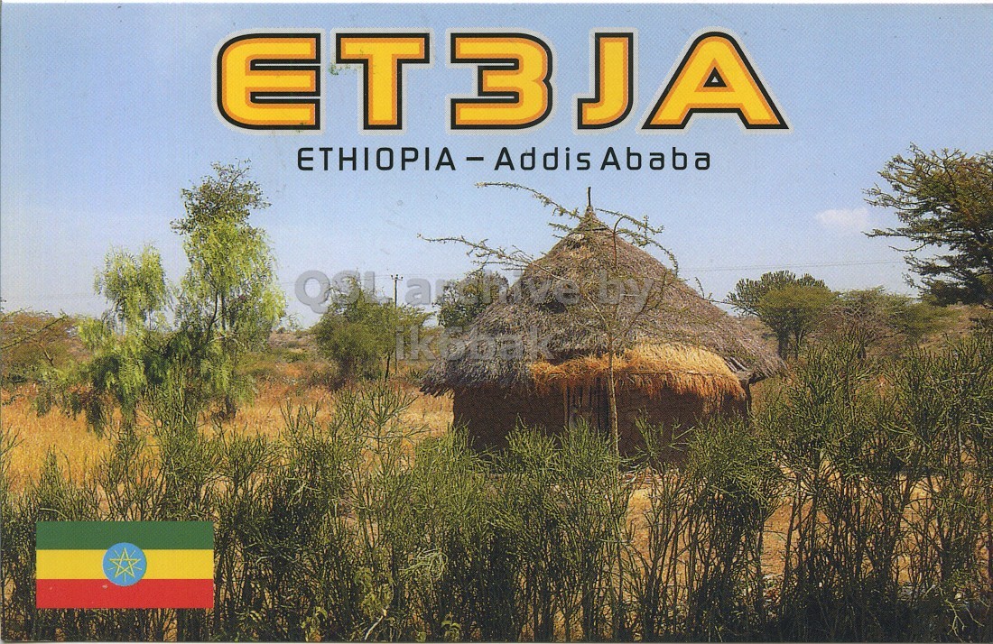 Front QSL card, of ET3JA to IK6CQC, June 21, 2008, SSB mode. The QSL image contains the following objects: Countryside, Hut, Nature, Outdoors, Rural. And contains this text: ET3JA by ET3JA Ababa by.