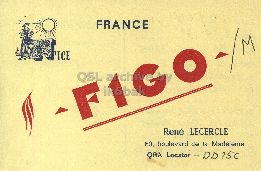 Front QSL card, of F1GO/M to I2LCN, July 4, 1971, PH mode. The QSL image contains the following objects: Person. And contains this text: FRANCE ICE QSL archive by ik6bak F René LECERCLE 60, boulevard de la Madeleine QRA Locator = DD15C FRANCE ICE QSL archive by ik6bak F René LECERCLE 60, boulevard de la Madeleine QRA Locator = DD15C.