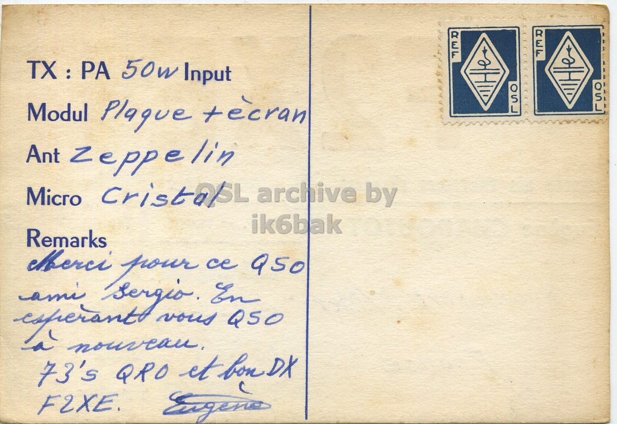 Right QSL card, of F2XE to I1LCN, September 2, 1961, PH mode. The QSL image contains the following objects: Book, Envelope, Mail, Postcard. And contains this text: REF TX : PA 50w Input Modul Plague tecran Ant Zeppelin Micro CristaSL archive by ik6bak Remarks experant ami Merci nouveau sergio. pour vous En Q50 ce 950 73's QRO et bon DX F2XE. REF 50w Input Modul tecran Ant Micro archive by ik6bak Remarks ami pour vous En Q50 ce 73's QRO et bon DX F2XE..