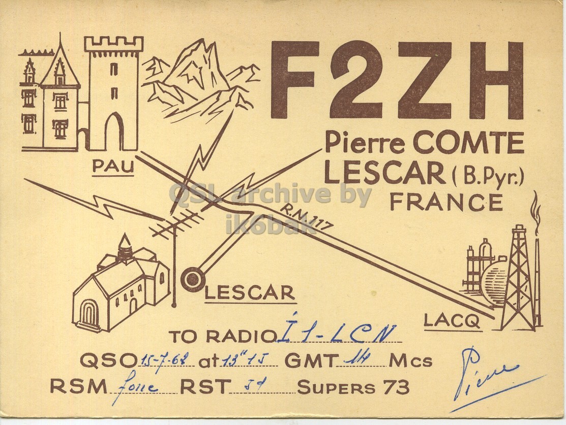 Front QSL card, of F2ZH to I1LCN, July 15, 1962, PH mode. The QSL image contains the following objects: Advertisement, Wheel, Poster. And contains this text: F2ZH Pierre COMTE PAU LESCAR ( B.Pyr.) LESCAR LACQ SUPERS 73 F2ZH Pierre COMTE PAU LESCAR by FRANCE LESCAR TO RADIO LACQ GMT. 14 Mcs RST SUPERS 73.