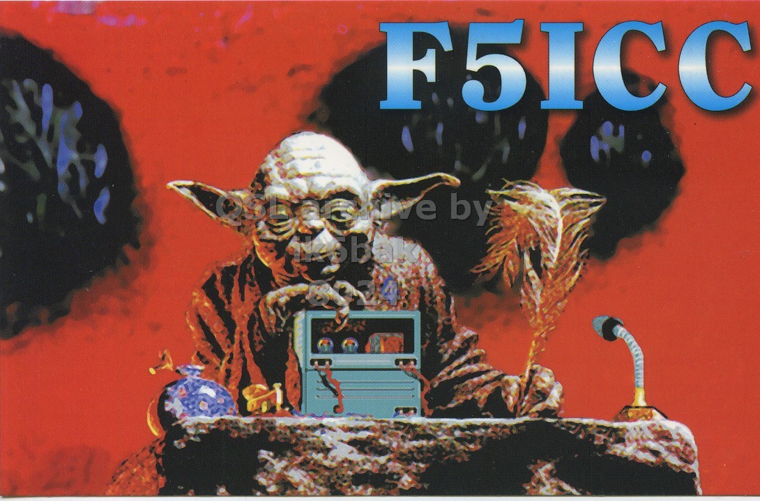 Front QSL card, of F5ICC to IK6BAK, December 30, 2016, CW mode. The QSL image contains the following objects: Art, Book, Publication, Accessories, Comics. And contains this text: F5ICC by.