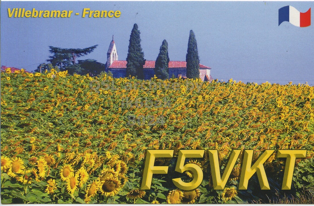 Front QSL card, of F5VKT to IK6BAK, January 30, 2016, CW mode. The QSL image contains the following objects: Flower, Sunflower, Vegetation, Tree, Building. And contains this text: Villebramar-France F5VKT.
