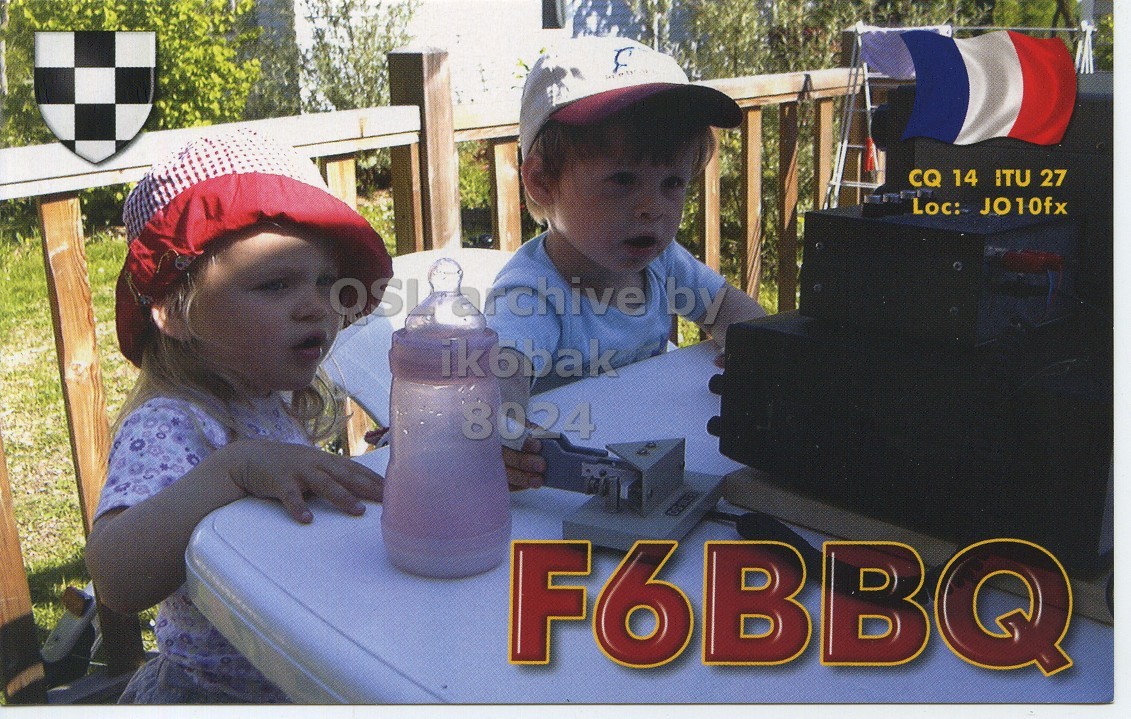 Front QSL card, of F6BBQ to IK6BAK, July 26, 2019, CW mode. The QSL image contains the following objects: Hat, Baseball Cap, Cap, Photography, Portrait. And contains this text: CQ 14 ITU 27 Loc: JO10fx ik6bak 8024 F6BBQ.