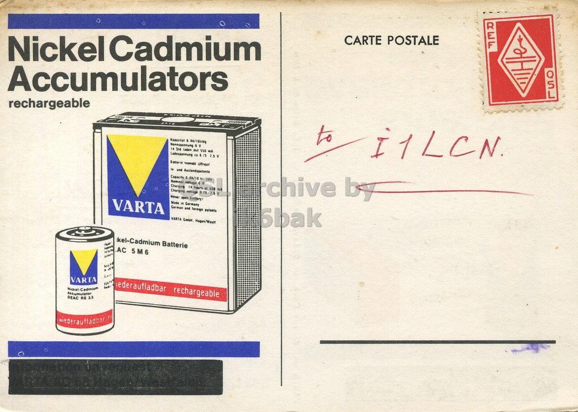 Right QSL card, of F8DP to I1LCN, November 1, 1970, PH mode. The QSL image contains the following objects: Envelope, Mail, Can, Tin. And contains this text: Nickel Cadmium CARTE POSTALE REF Accumulators rechargeable to I1LCN. Nommal voltage EV Charging rchive by VARTA German and foreign patents 6bak .AC 5M6 VARTA ederaufladbar rechargeable DEAC RS 3.5 wiederaufladbar Nickel Cadmium CARTE POSTALE REF Accumulators rechargeable 14 Std 550 to I1LCN. Capacity Ah/10 rate voltage 14 hours 550 Charging Never open by VARTA Made Germany German and foreign VARTA 6bak Batterie 5M6 VARTA ederaufladbar rechargeable DEAC RS 3.5 wiederaufladbar.