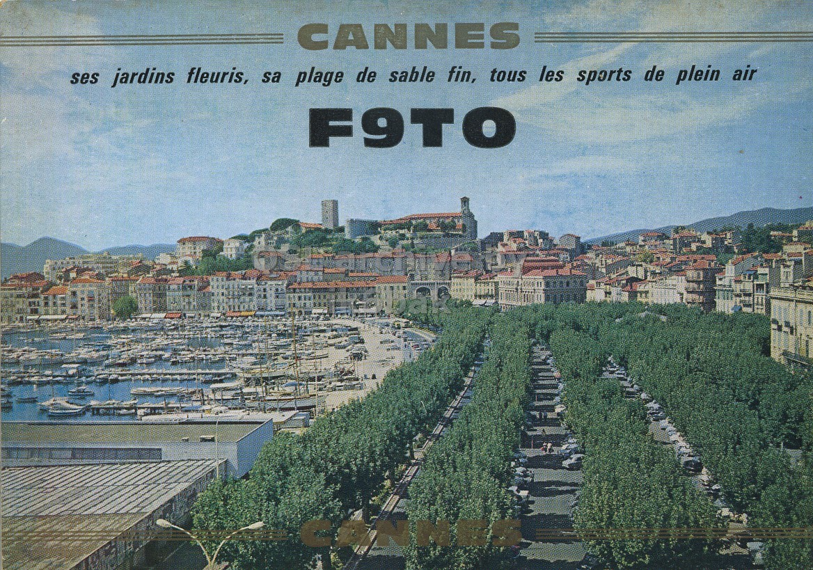 Front QSL card, of F9TO to I1LCN, April 16, 1966, PH mode. The QSL image contains the following objects: Waterfront, City, Neighborhood, Metropolis, Urban. And contains this text: CANNES ses jardins fleuris, sa plage de sable fin, tous les sports de plein air F9TO CANNES ses jardins fleuris, sa plage de sable fin, tous les sports de plein air F9TO.