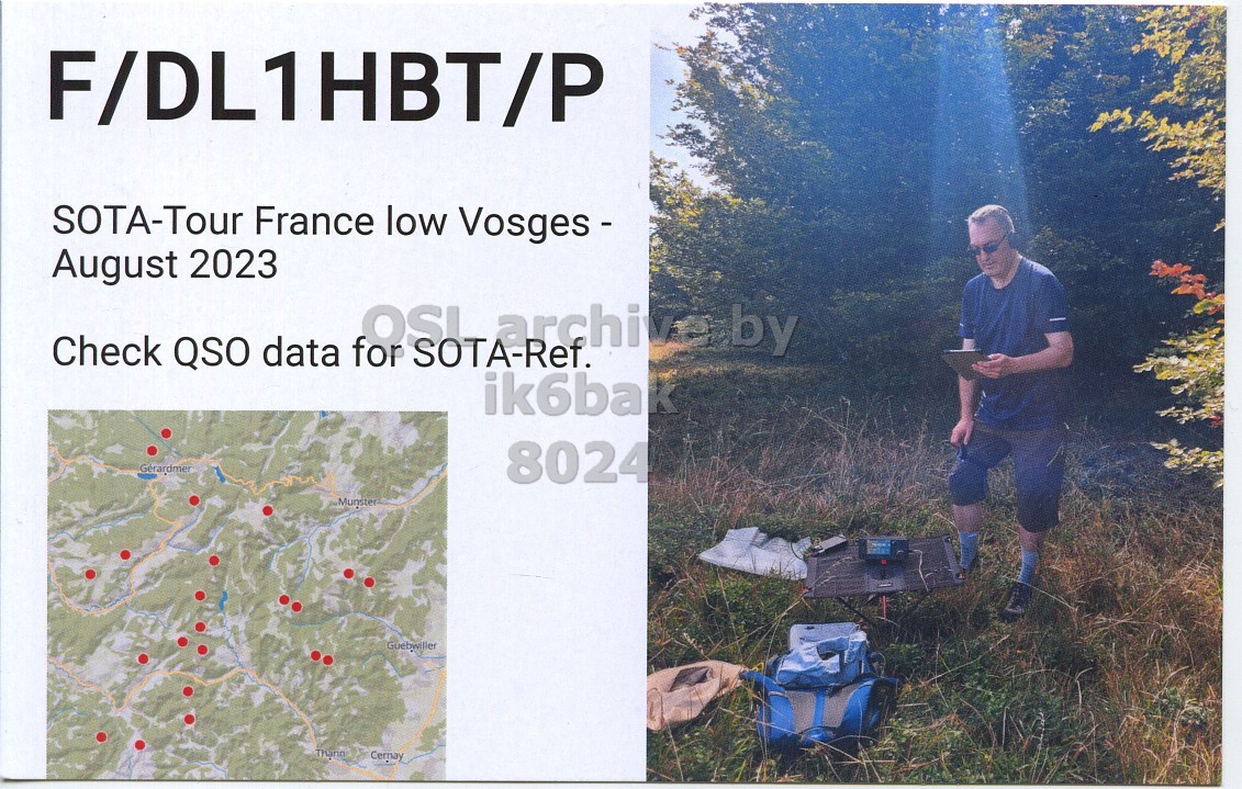 Front QSL card, of F/DL1HBT/P to IK6BAK, August 24, 2023, CW mode. The QSL image contains the following objects: Soil, Vegetation, Adult, Man, Person. And contains this text: F/DL1HBT/P SOTA-Tour France low Vosges - August 2023 ik6bak Gérardmer 8024 Guebwiller Cernay.