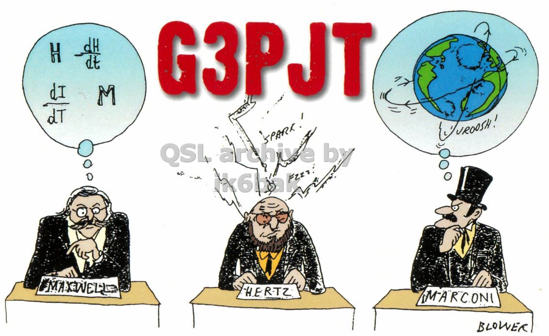 Front QSL card, of G3PJT to IK2GRA, July 22, 2012, CW mode. The QSL image contains the following objects: People, Person, Book, Adult, Man. And contains this text: H M G3PJT SPARK! QSL archive by HERTZ BLOWER H M G3PJT SPARK! QSL archive by HERTZ BLOWER.