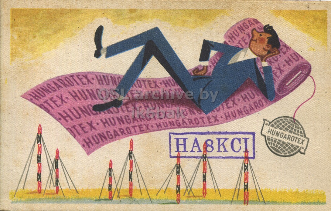 Front QSL card, of HA8KCI to I1LCN, January 11, 1963, PH mode. The QSL image contains the following objects: Advertisement, Photography, Poster, Person, Painting. And contains this text: HUNGAR HU HA8KCI HUNGAROTEX HUNGAR HUNGAROTEX by HU HA8KCI HUNGAROTEX.