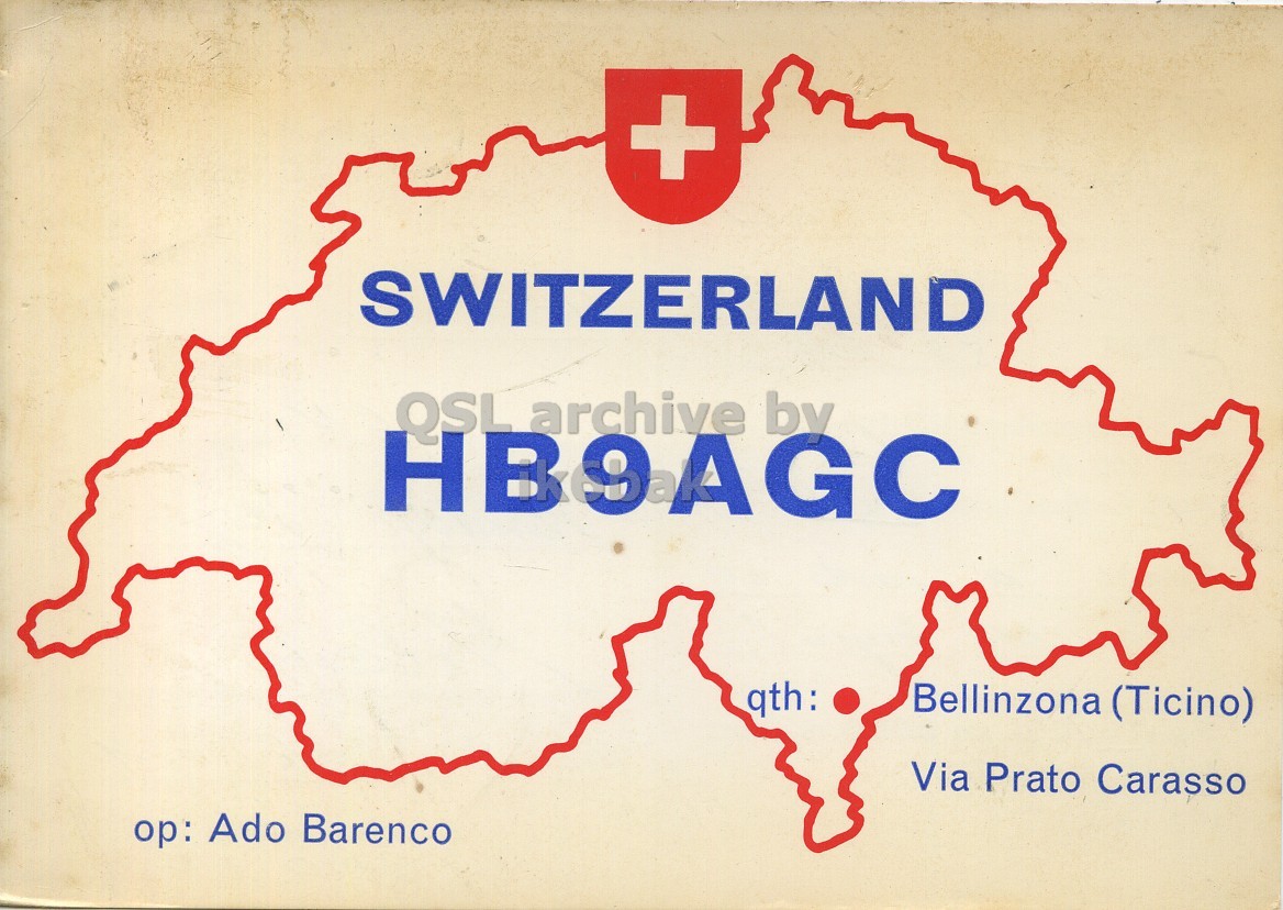 Front QSL card, of HB9AGC to I1LCN, January 14, 1967, PH mode. The QSL image contains the following objects: Logo, First Aid, Symbol, Plot, Red Cross. And contains this text: + SWITZERLAND QSL archive by HB9AGC qth: Bellinzona (Ticino) Via Prato Carasso ор: Ado Barenco + SWITZERLAND QSL archive by HB9AGC qth: Bellinzona (Ticino) Via Prato Carasso Ado Barenco.