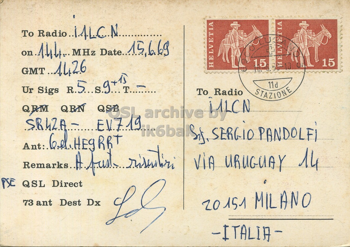 Right QSL card, of HB9AMY/P to I1LCN, June 15, 1969, PH mode. The QSL image contains the following objects: Envelope, Mail, Person, Postcard. And contains this text: To Radio. 15 15 13 HELVETIA HELVETIA 11d To Radio STAZIONE QRM SR42A- QBN QSBSL EV7 19 ViA URUGUAY 14 PSE QSL Direct 73 ant Dest Dx 20 151 MILANO -ITALIA- To Radio. MHz 15 15 GMT 13 HELVETIA HELVETIA Ur Sigs T......... 11d To Radio STAZIONE QRM QBN QSBSL EV7 19 archive SERGiO Remarks.. A URUGUAY 14 PSE QSL Direct 73 ant Dest Dx 20 151 MILANO -ITALIA-.