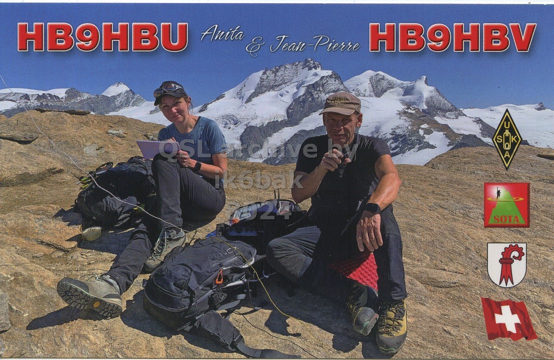 Front QSL card, of HB9HBU to IK6BAK, April 25, 2023, SSB mode. The QSL image contains the following objects: Photography, Peak, Adult, Man, Person. And contains this text: HB9HBU Anita E Jean-Pierre HB9HBV S GC K ik6bak SOTA +.