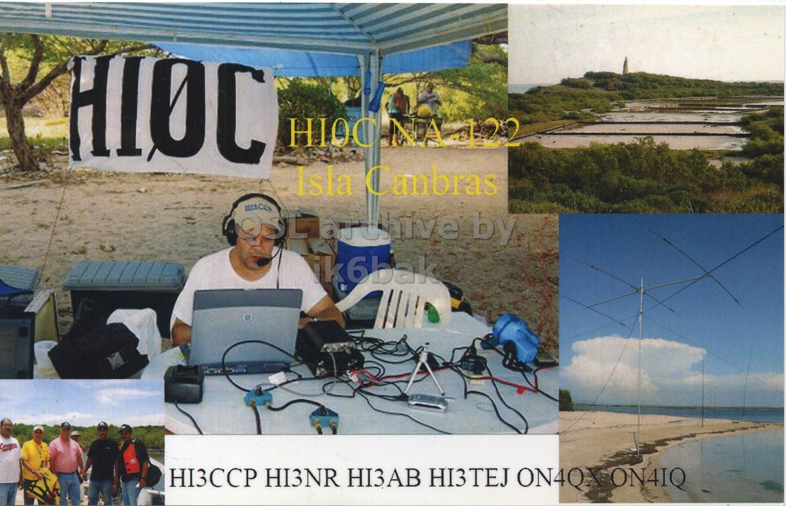 Front QSL card, of HI0C to IK6CQC, June 13, 2007, SSB mode. The QSL image contains the following objects: Shelter, Adult, Male, Man, Person. And contains this text: Isla Canbras by ik6bak HI3CCP HI3NR HI3AB HI3TEJ ON4QX ON4IQ Isla Canbras by ik6bak HI3NR HI3TEJ ON4QX ON4IQ.