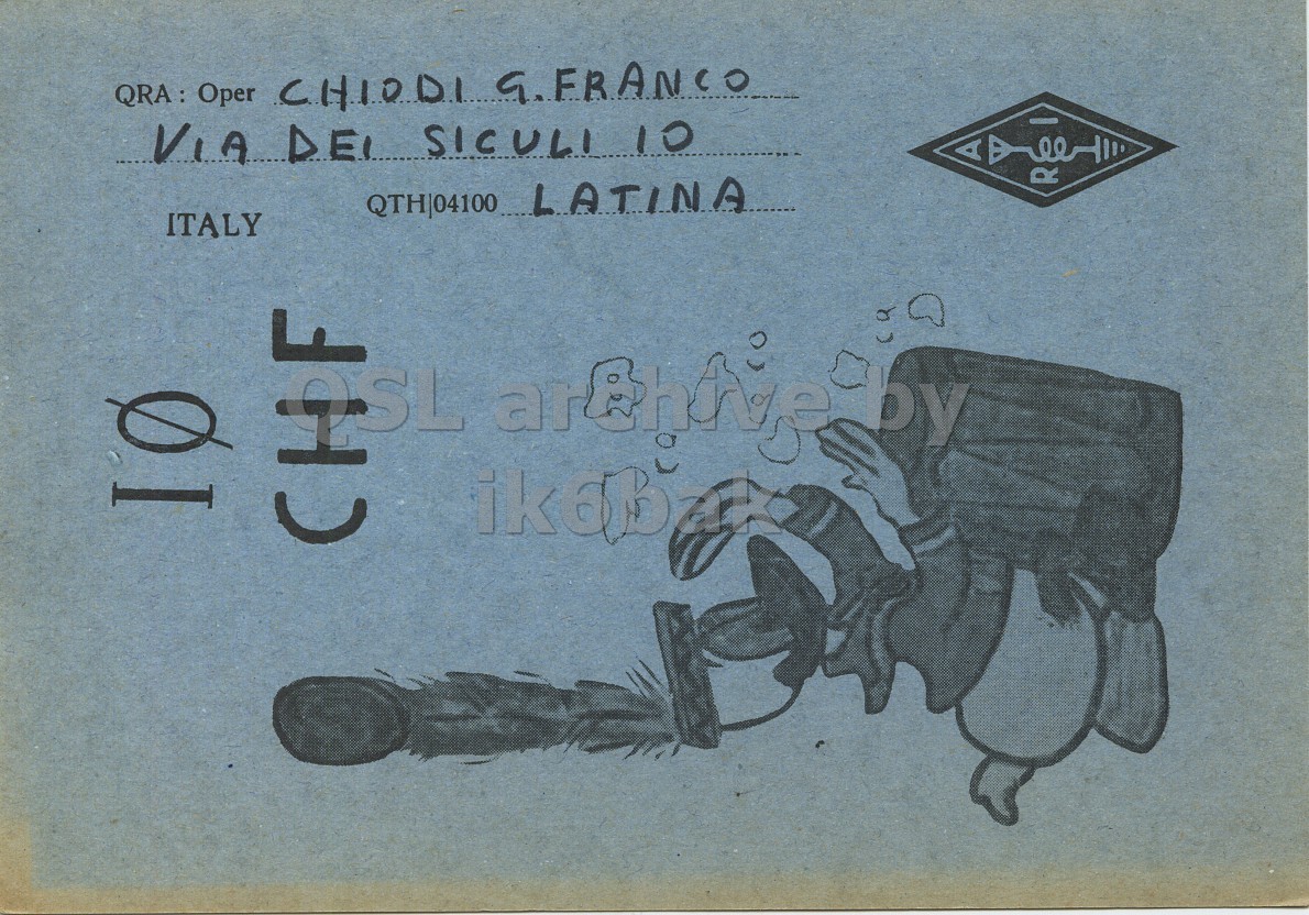 Front QSL card, of I0CHF to I2LCN, December 25, 1971, SSB mode. The QSL image contains the following objects: Book, Publication, Person. And contains this text: QRA: Oper CHIODI G.FRANCO VIA DEI SICULI 10 QTH|04100 LATINA R ITALY CHF Oper CHIODI G.FRANCO VIA DEI SICULI 10 QTH|04100 LATINA R ITALY SL CHF.