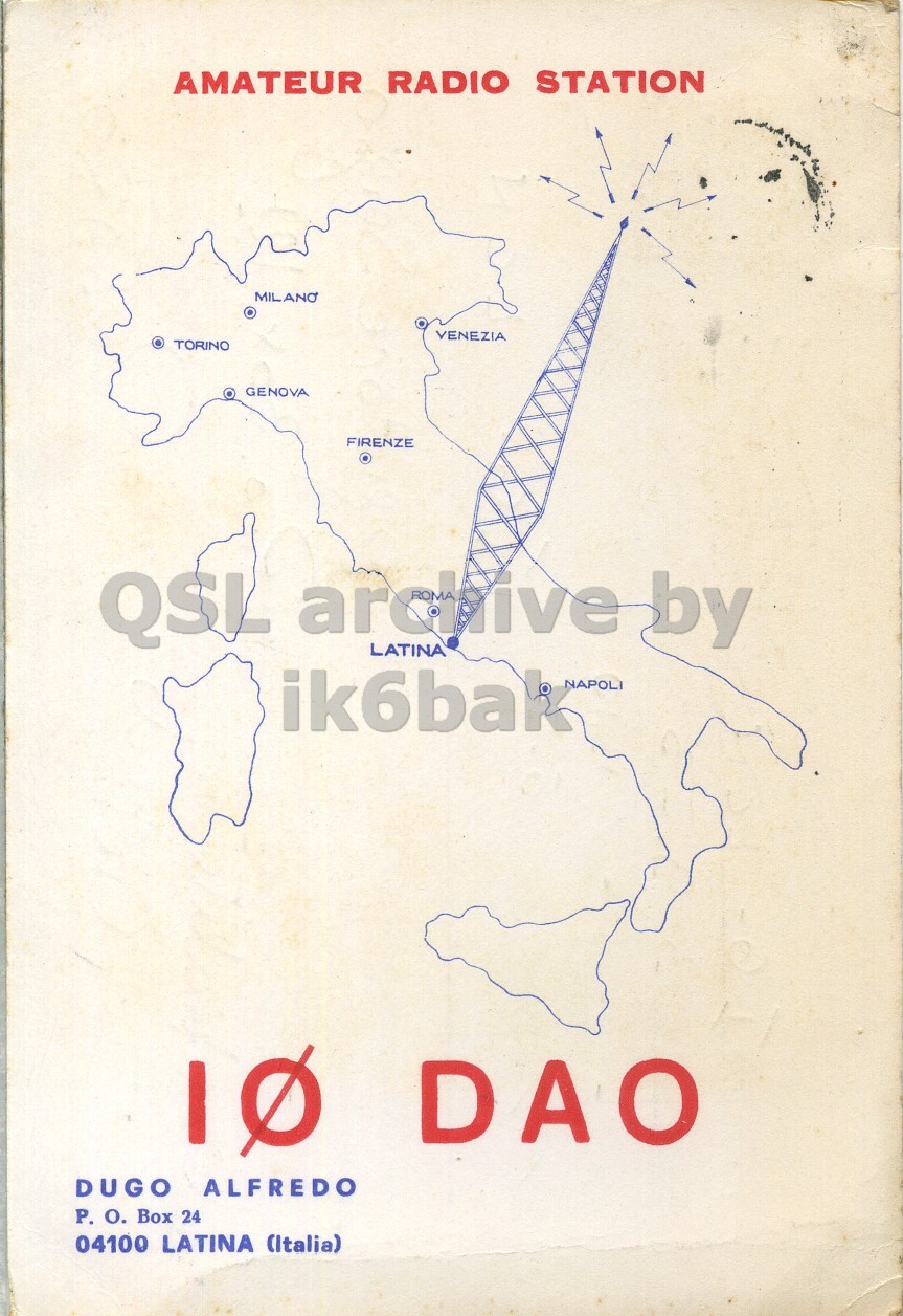 Front QSL card, of I0DAO to I6LCN, September 3, 1973, SSB mode. The QSL image contains the following objects: Chart, Plot, Atlas, Diagram, Map. And contains this text: AMATEUR RADIO STATION MILANO VENEZIA TORINO GENOVA FIRENZE QSL archive by LATINA ik6bak NAPOLI DUGO ALFREDO P. О. Box 24 04100 LATINA (Italia) AMATEUR RADIO STATION MILANO VENEZIA TORINO GENOVA FIRENZE QSL archive by LATINA ik6bak NAPOLI DAO DUGO ALFREDO P. Box 24 04100 LATINA (Italia).