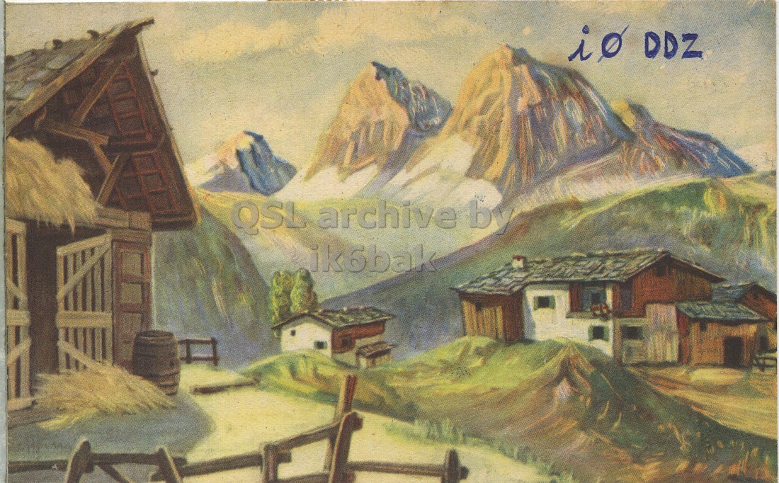 Front QSL card, of I0DDZ to I2LCN, July 16, 1972, SSB mode. The QSL image contains the following objects: Hut, Nature, Outdoors, Shelter, Painting. And contains this text: io DDZ QSL archive bv ik6bak io DDZ QSL archive ik6bak.