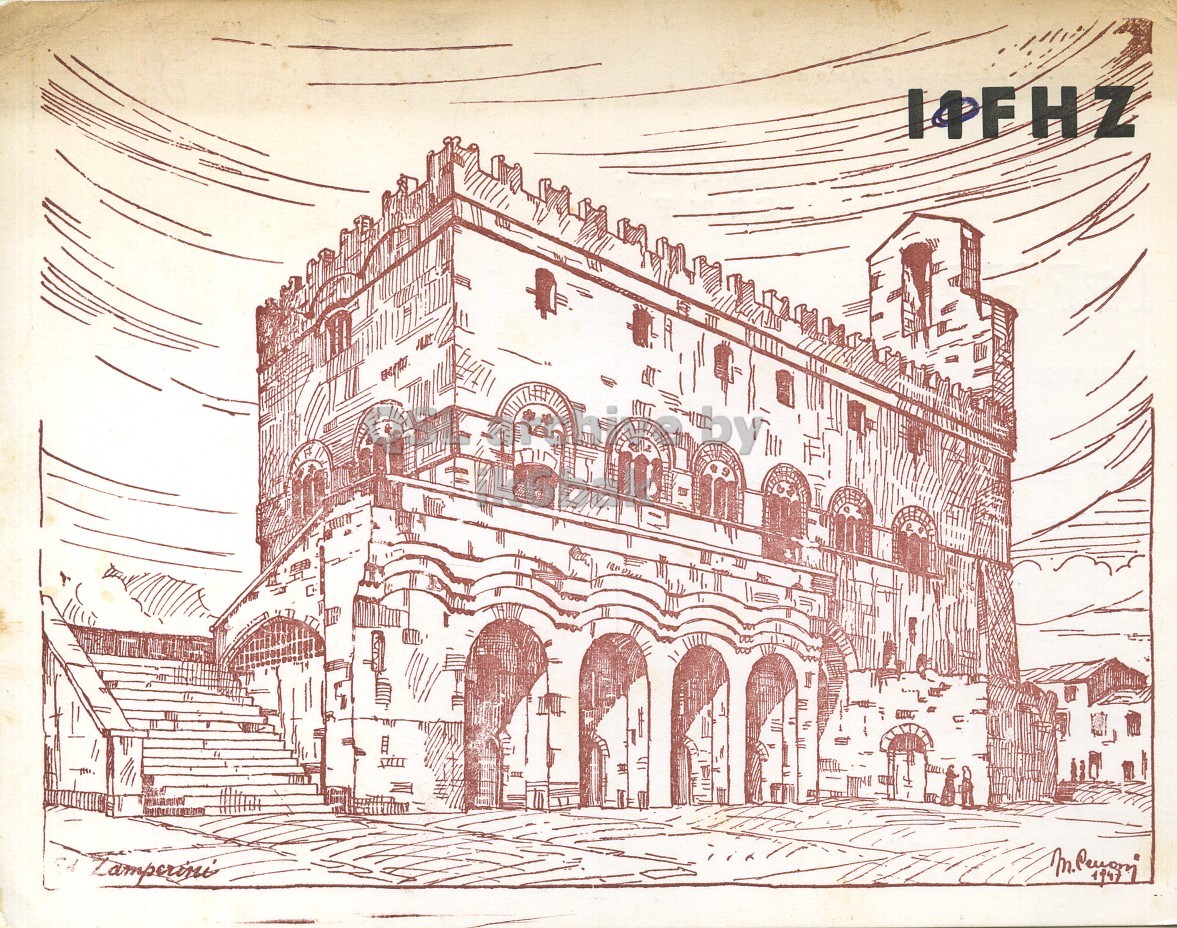 Front QSL card, of I0FHZ to I2LCN, February 6, 1972, PH mode. The QSL image contains the following objects: Building, Art, Painting, Arch, Drawing. And contains this text: 14FHZ 14FHZ.