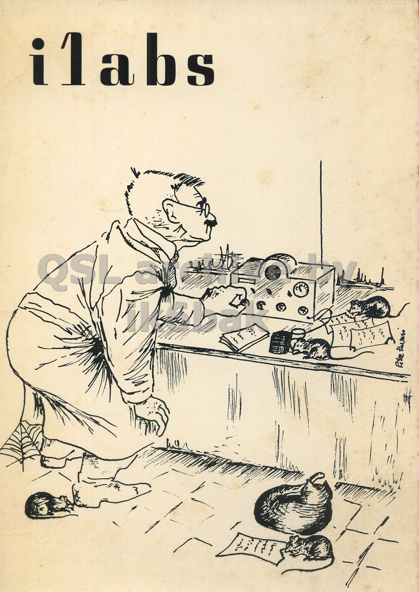 Front QSL card, of I1ABS to I1LCN, May 16, 1970, AM mode. The QSL image contains the following objects: Person, Book, Face, Bird, Art. And contains this text: ilabs ilabs QSL.