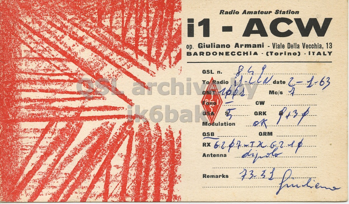 Front QSL card, of I1ACW to I1LCN, January 2, 1963, PH mode. And contains this text: Radio Amateur Station i1 -ACW ор. Giuliano Armani - Viale Della Vecchia, 13 QSL n. date 2-1-63 GMT Mc/s of CW Modulation ok QRM RX Antenna Remarks 73-31 Radio Amateur Station i1 ор. Giuliano Armani - Viale Della Vecchia, 13 . ITALY QSL n. date GMT Mc/s of CW ORK Modulation ok QRM RX Antenna Remarks 73-31.