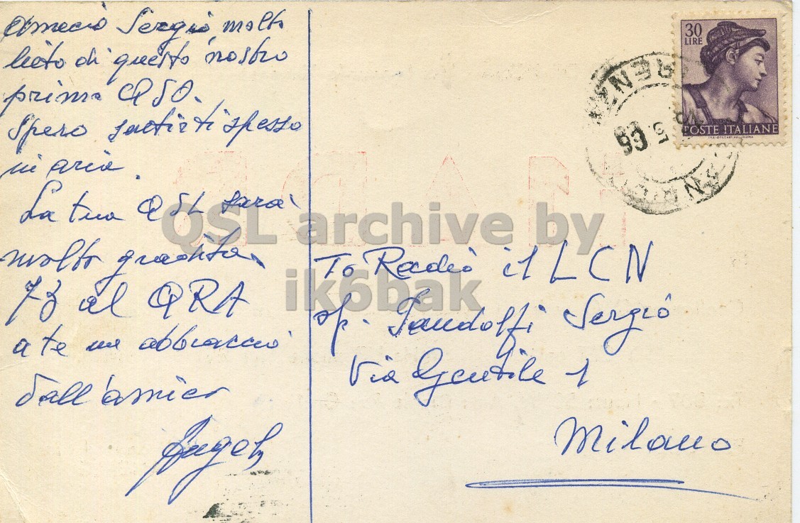 Right QSL card, of I1ADR to I1LCN, May 14, 1966, PH mode. The QSL image contains the following objects: Envelope, Mail, Person, Face, Postcard. And contains this text: 30 LIRE POSTE ITALIANE 30 LIRE oh queito to ITALIANE La two QRA archive To by of a te 1 dall.