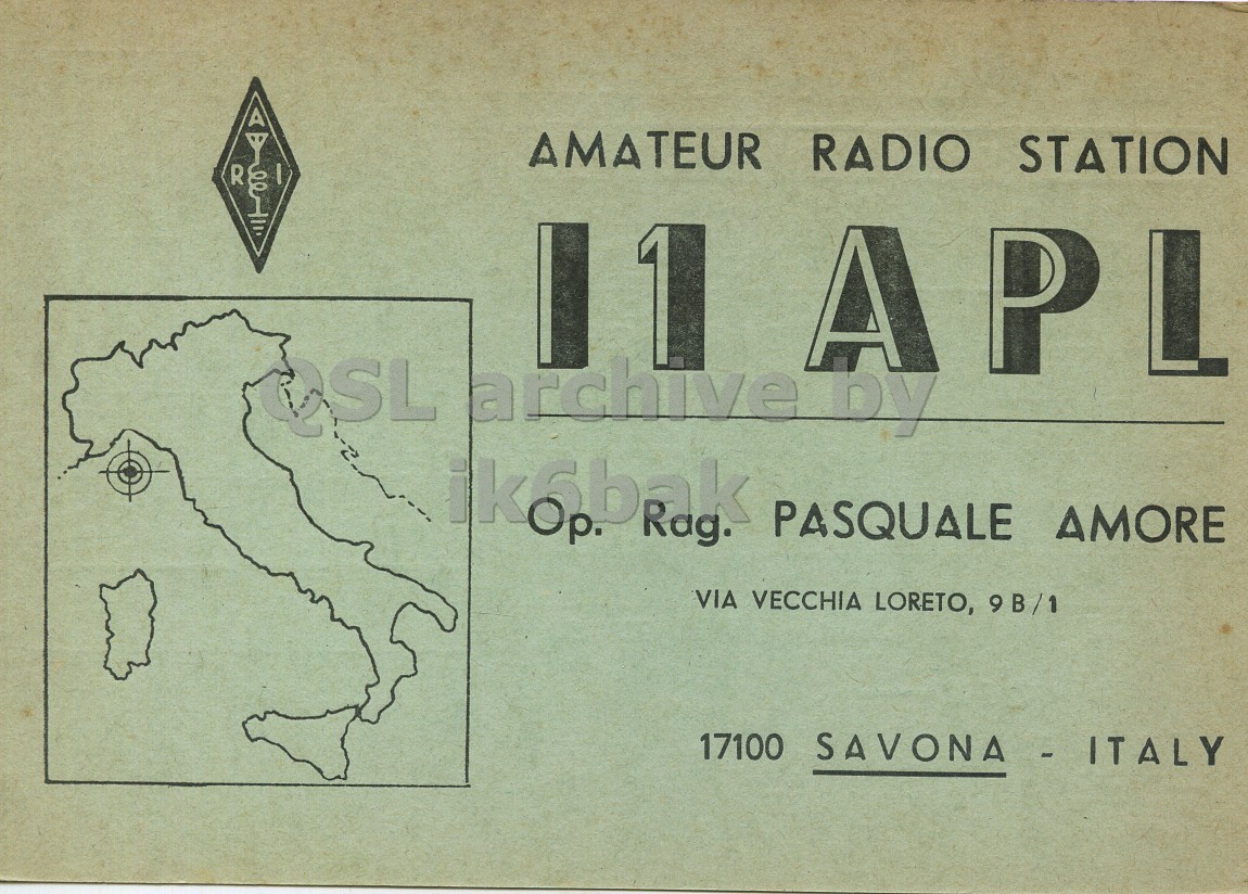 Front QSL card, of I1APL to I2LCN, December 25, 1971, SSB mode. And contains this text: AMATEUR RADIO STATION R 11 A PL DSL archive.by Rag. PASQUALE AMORE VIA VECCHIA LORETO, 9B/1 17100 SAVONA-ITALY AMATEUR RADIO STATION R 11 A PL DSL archive.by Rag. PASQUALE AMORE VIA VECCHIA LORETO, 17100 SAVONA-ITALY.