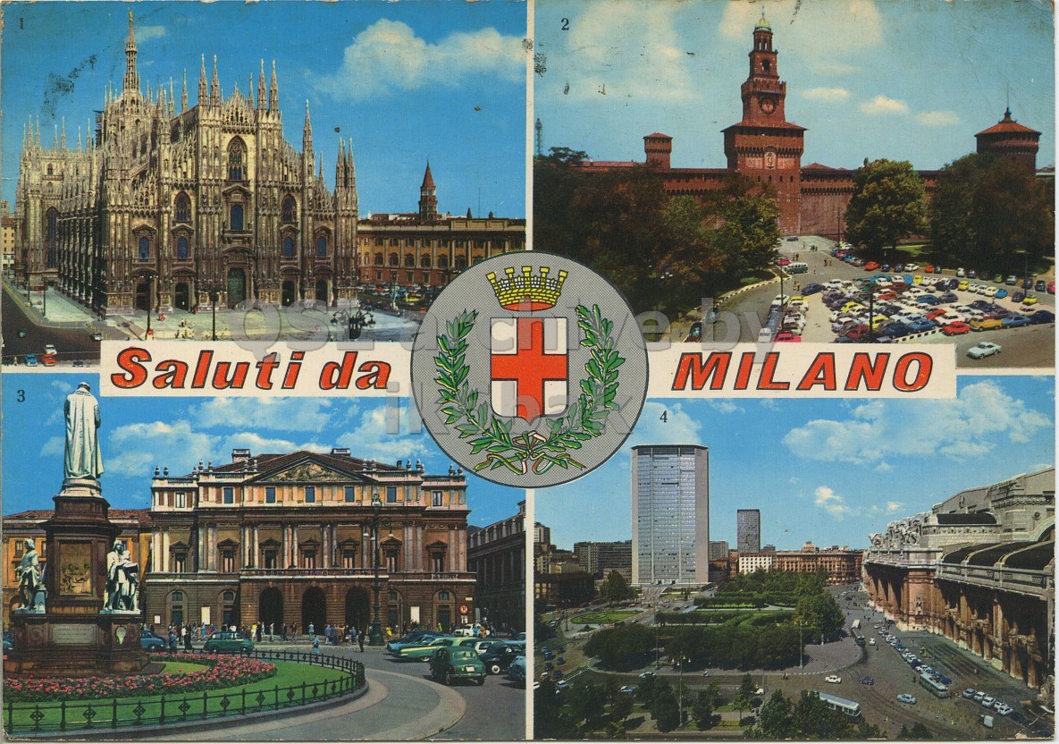 Front QSL card, of I1BBA to I1LCN, January 30, 1971, PH mode. The QSL image contains the following objects: City, Building, Cathedral, Urban, Person. And contains this text: 2 Saluti da MILANO 3 4 2 Saluti da MILANO 3 4.