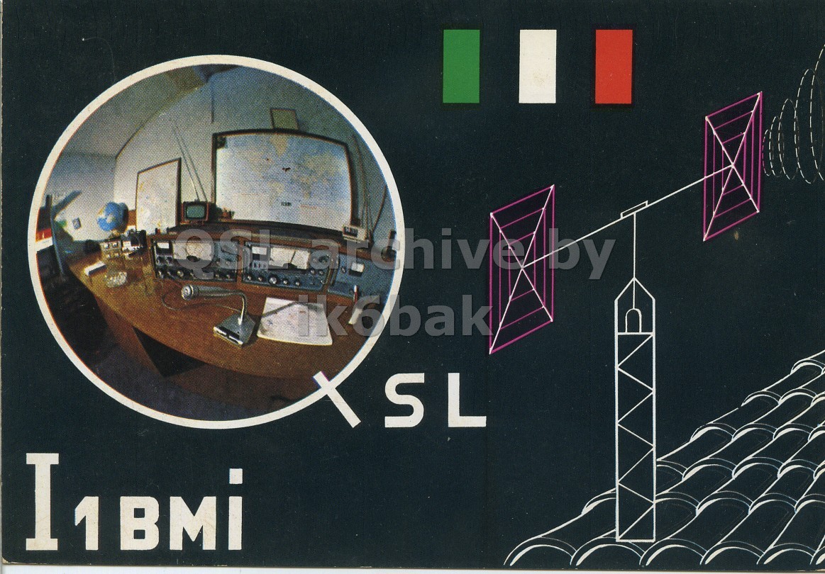 Front QSL card, of I1BMI to I1LCN, October 7, 1970, SSB mode. The QSL image contains the following objects: Photography, Art, Painting. And contains this text: SL SL.