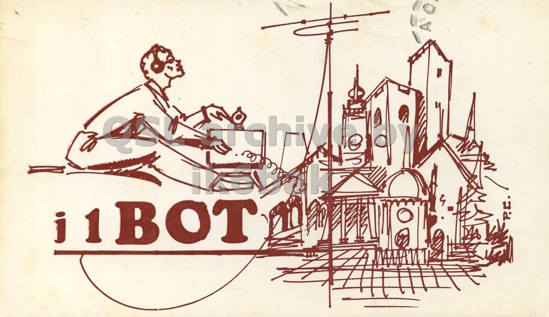 Front QSL card, of I1BOT to I1LCN, September 15, 1970, PH mode. The QSL image contains the following objects: Art, Factory, Outdoors, Person, Utility Pole. And contains this text: 4 i1BOT P.C. k 4 i1BOT P.C..