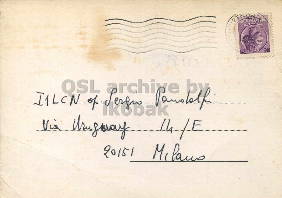 Right QSL card, of I1BPP to I1LCN, January 8, 1970, PH mode. The QSL image contains the following objects: Envelope, Mail, Postcard. And contains this text: SZ LIRE 14 /E POSTE SZ LIRE I1LCN QSL of by 14 /E 20151.