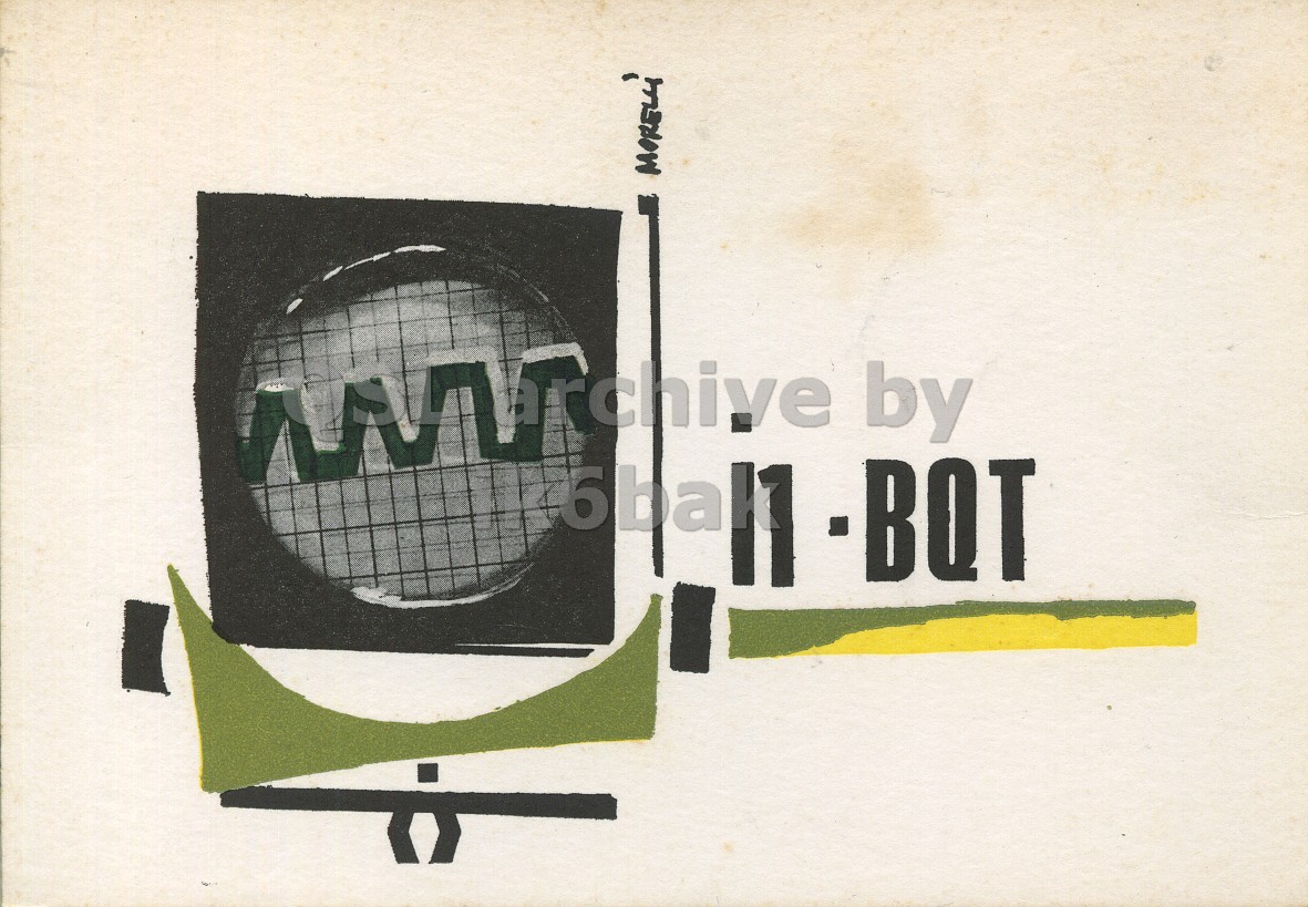 Front QSL card, of I1BQT to I1LCN, July 25, 1970, PH mode. The QSL image contains the following objects: Advertisement. And contains this text: MORELL' by -BQT MORELL' by -BQT.