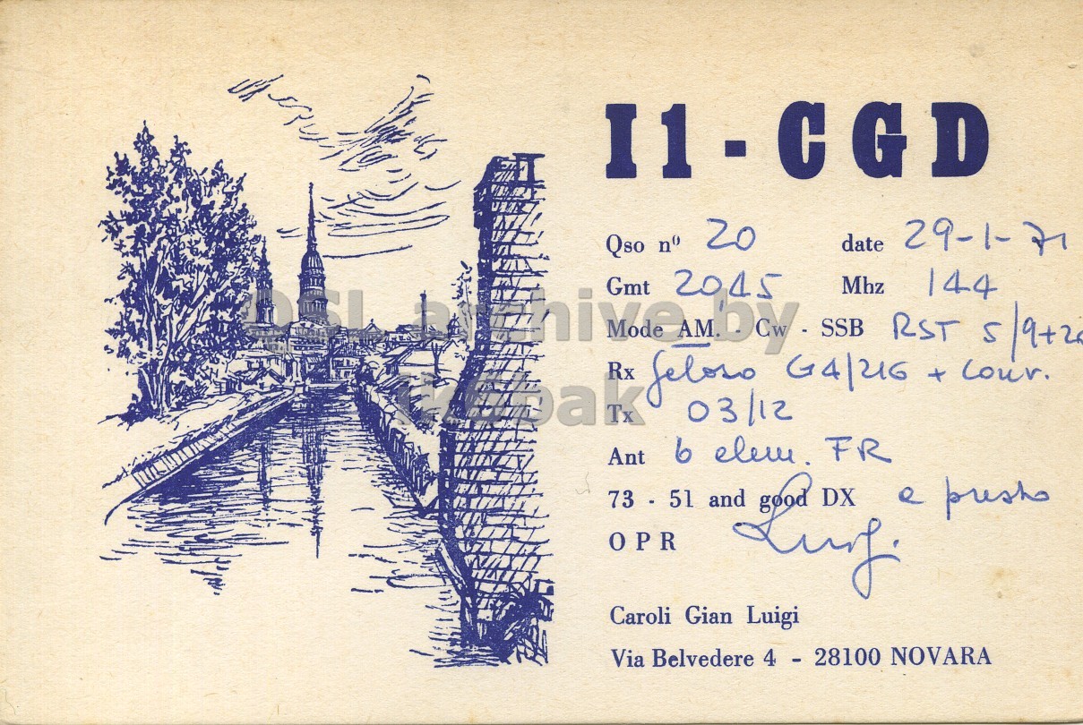 Front QSL card, of I1CGD to I1LCN, January 29, 1971, AM mode. The QSL image contains the following objects: Envelope, Mail, Postcard. And contains this text: date Qso n° 20 Mhz RST 5/9+2 Gmt 2045 144 Ant e and push OPR Caroli Gian Luigi Via Belvedere 4 - 28100 NOVARA date Qso n° 20 Mhz RST 5/9+2 Gmt 144 Rx 03/12 G4/216 + Ant 6 FR e and push OPR Caroli Gian Luigi Via Belvedere 4 - 28100 NOVARA.