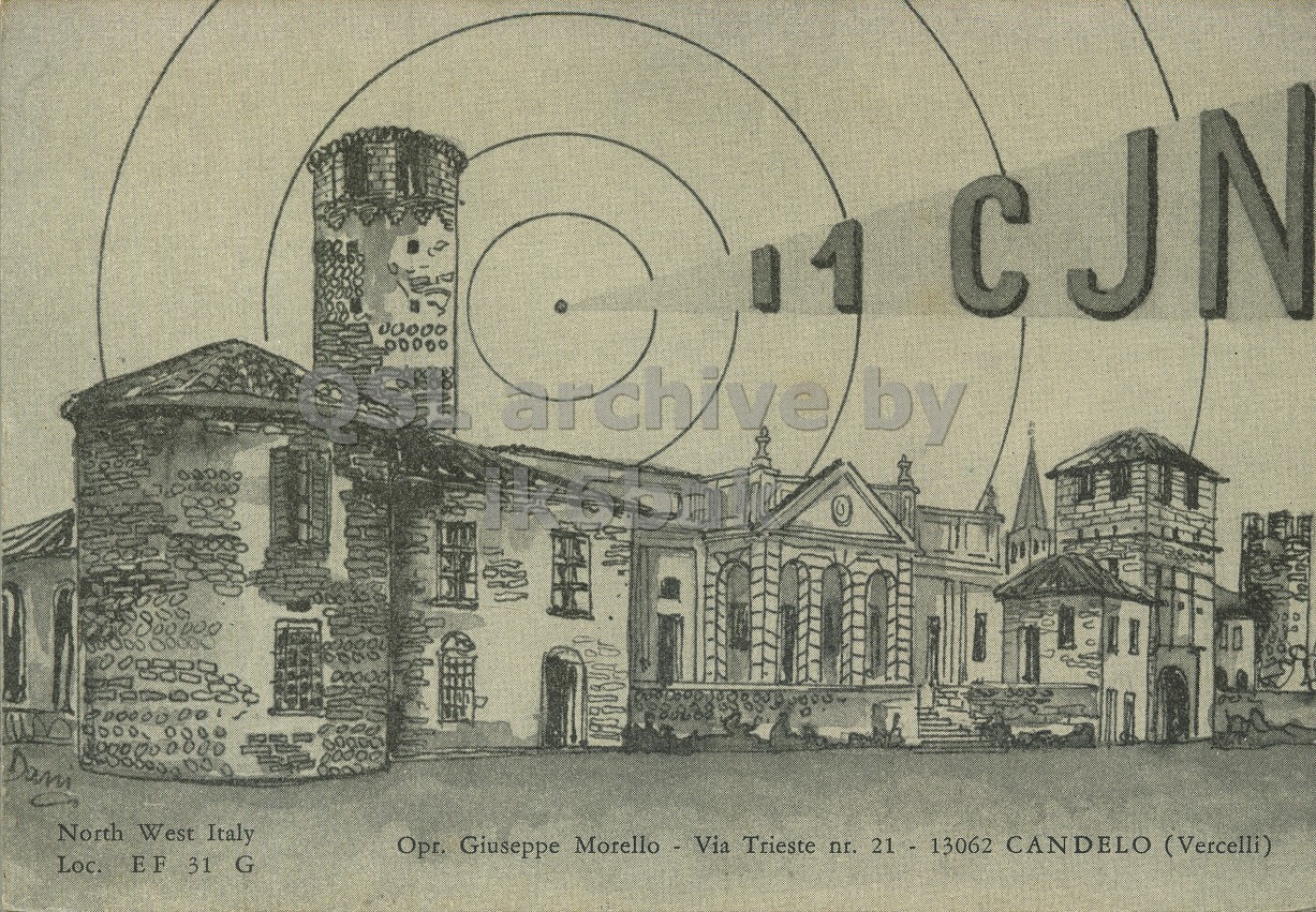 Front QSL card, of I1CJN to I1LCN, May 28, 1970, PH mode. The QSL image contains the following objects: Building, Art, City, Monastery, Drawing. And contains this text: 11 North West Italy Opr. Giuseppe Morello - Via Trieste nr. 21 - 13062 CANDELO (Vercelli) Loc. EF 31 G 11 archive by North West Italy Opr. Giuseppe Morello - Via Trieste nr. 21 - 13062 CANDELO (Vercelli) Loc. EF 31 G.