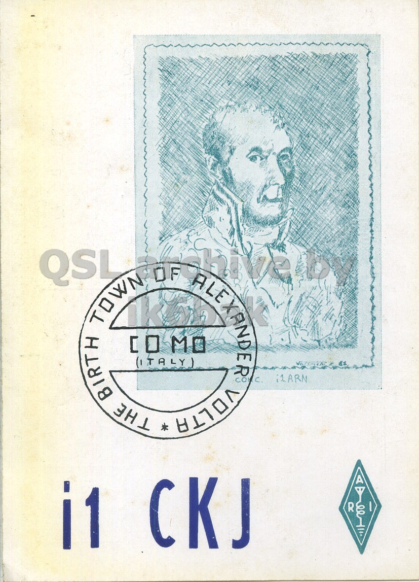 Front QSL card, of I1CKJ to I1LCN, November 9, 1969, A3 mode. The QSL image contains the following objects: Adult, Male, Man, Person, Face. And contains this text: QSL R QSL TOWN BIRTH (ITALY) OF THE * MO ALEXANDER CONC. VOLTA CKJ R.