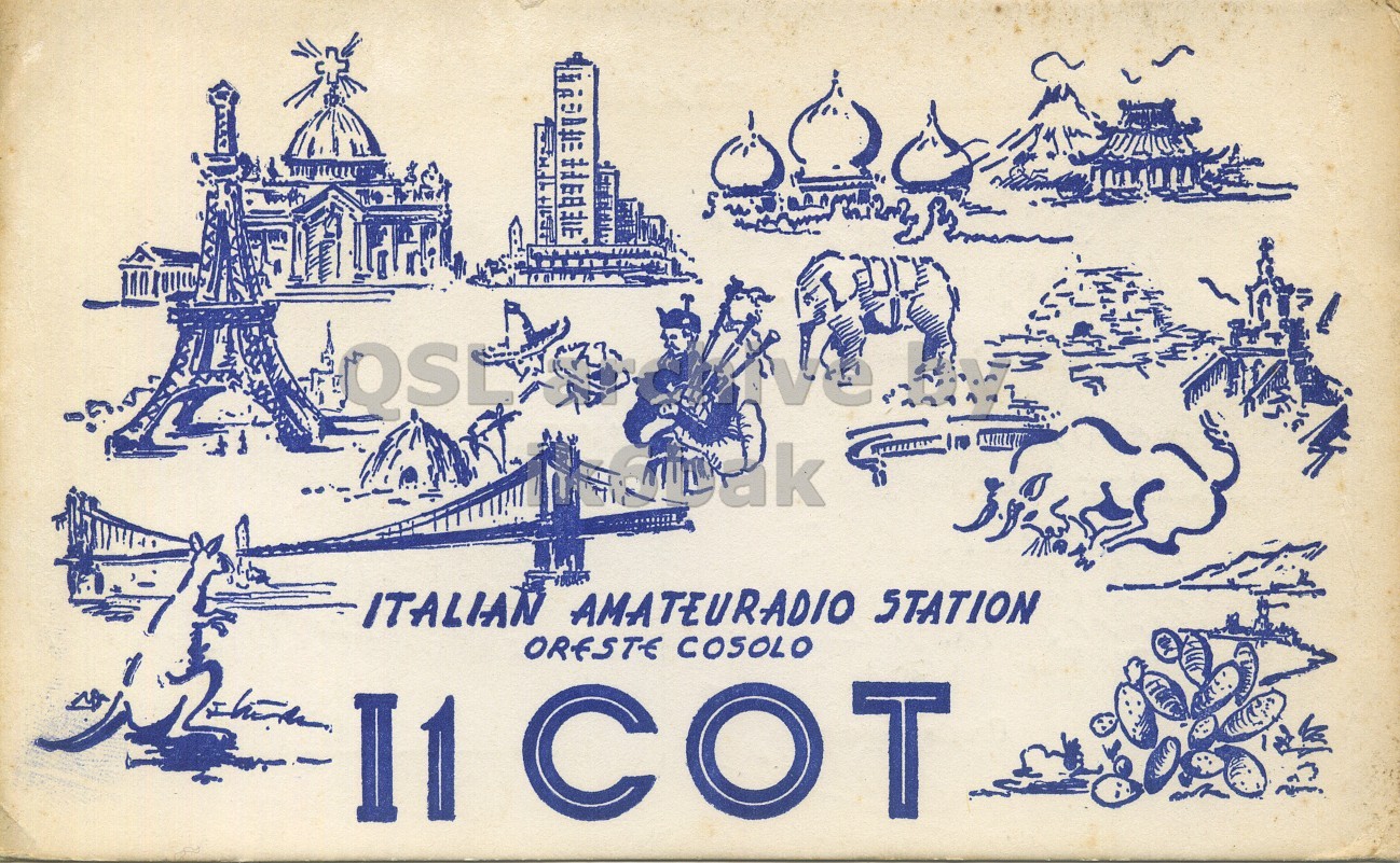 Front QSL card, of I1COT to I1LCN, March 13, 1966, AM mode. The QSL image contains the following objects: Book, Publication, Person, Outdoors. And contains this text: OSE ITALIAN AMATEURADIO STATION ORESTE COSOLO I1 COT OSE ITALIAN AMATEURADIO STATION ORESTE COSOLO I1 COT.