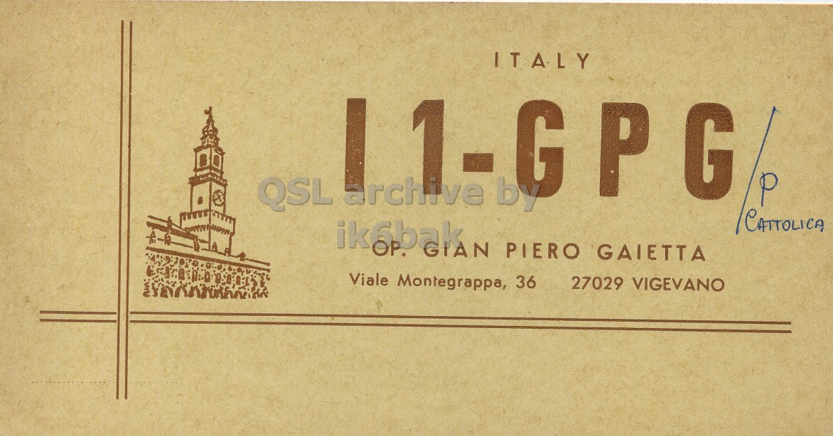 Front QSL card, of I1CPG/P to I1LCN/P, August 3, 1969, PH mode. The QSL image contains the following objects: Envelope, Mail. And contains this text: ITALY 1-G P G QSL ikabak archive OP. GIAN by PIERO GAIETTA CATTOLICA Viale Montegrappa, 36 27029 VIGEVANO ITALY 1-G P G QSL archive GIAN by PIERO GAIETTA CATTOLICA Viale Montegrappa, 36 27029 VIGEVANO.