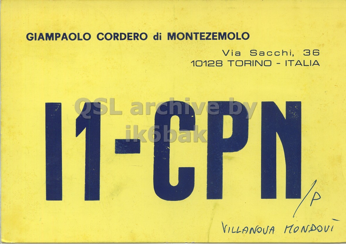 Front QSL card, of I1CPN/P to I1LCN, July 29, 1970, FM mode. The QSL image contains the following objects: Book, Publication, License Plate, Symbol. And contains this text: GIAMPAOLO CORDERO di MONTEZEMOLO Via Sacchi, 36 10128 TORINO - ITALIA QSL archive ik6bak PI by N VILLANOVA MONDOVI GIAMPAOLO CORDERO di MONTEZEMOLO Via Sacchi, 36 10128 TORINO - ITALIA QSL archive ik6bak by N VILLANOVA.