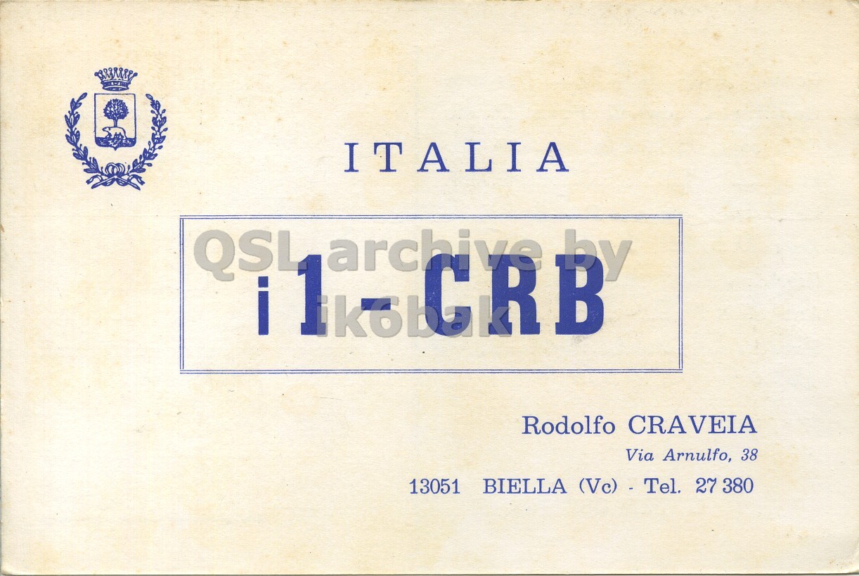 Front QSL card, of I1CRB to I1LCN, June 4, 1971, FM mode. The QSL image contains the following objects: Book. And contains this text: ITALIA QSL by archive Rodolfo CRAVEIA Via Arnulfo, 38 13051 BIELLA (Vc) - Tel. 27 380 ITALIA QSL by archive Rodolfo CRAVEIA Via Arnulfo, 38 13051 BIELLA (Vc) - Tel. 27 380.