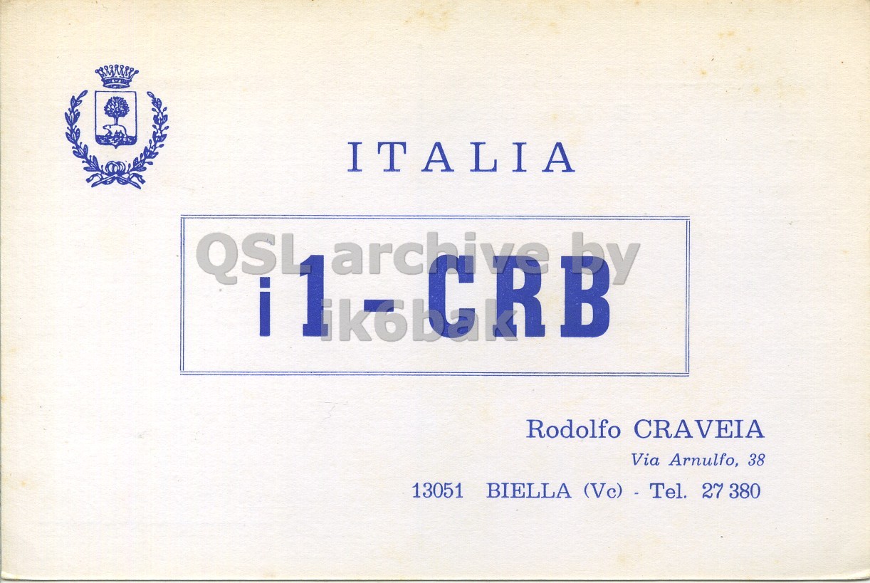 Front QSL card, of I1CRB to I1LCN, July 26, 1970, FM mode. The QSL image contains the following objects: Book. And contains this text: ITALIA Rodolfo CRAVEIA Via Arnulfo, 38 13051 BIELLA (Vc) - Tel. 27 380 ITALIA CRB by Rodolfo CRAVEIA Via Arnulfo, 38 13051 BIELLA (Vc) - Tel. 27 380.