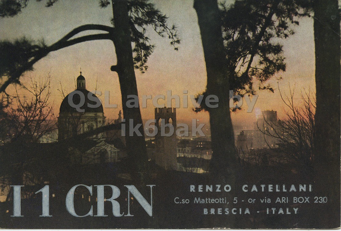 Front QSL card, of I1CRN to I1LCN, May 14, 1966, AM mode. The QSL image contains the following objects: Advertisement, Poster, Tree, Book, Vegetation. And contains this text: QSL archive by ik6bak 11 CRN RENZO CATELLANI C.so Matteotti, 5 - or via ARI BOX 230 BRESCIA ITALY QSL archive by ik6bak 11 CRN RENZO CATELLANI C.so Matteotti, 5 - or via ARI BOX 230 BRESCIA ITALY.