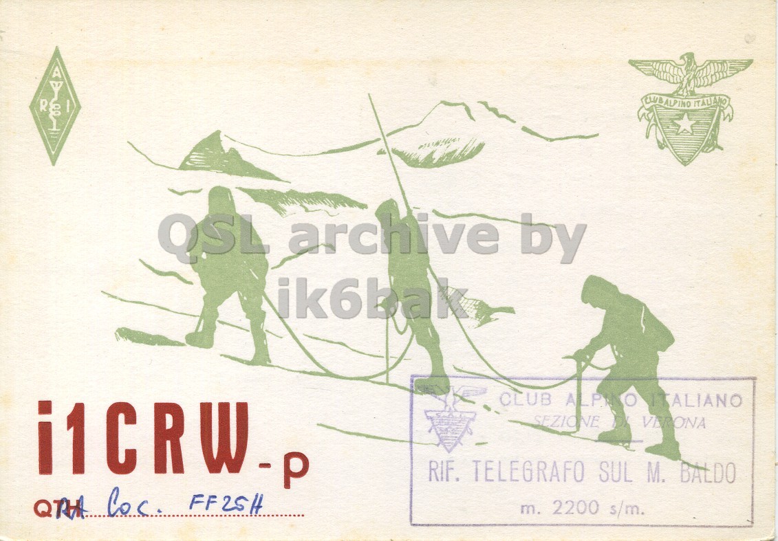 Front QSL card, of I1CRW/P to I1LCN, August 30, 1969, AM mode. The QSL image contains the following objects: Person, Outdoors, Nature. And contains this text: R QSL archive by ik6bak SEZIONE VERONA RIF. TELEGRAFO SUL M. BALDO m. 2200 s/m. CLUBALPINO R QSL archive by ik6bak CLUB SEZIONE VERONA RIF. TELEGRAFO SUL M. BALDO Coc. FF25H m. 2200 s/m..