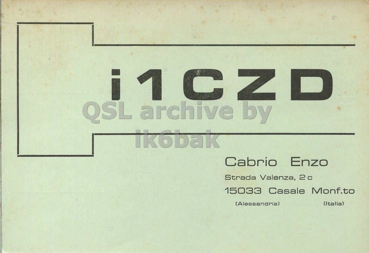 Front QSL card, of I1CZD to I1LCN, October 24, 1970, PH mode. The QSL image contains the following objects: Envelope, Mail. And contains this text: QSL archive by Cabrio Enzo Strada Valenza, 2c 15033 Casale Monf.to (Alessandria) (Italia) QSL archive by Cabrio Enzo Strada Valenza, 2c 15033 Casale Monf.to (Alessandria) (Italia).