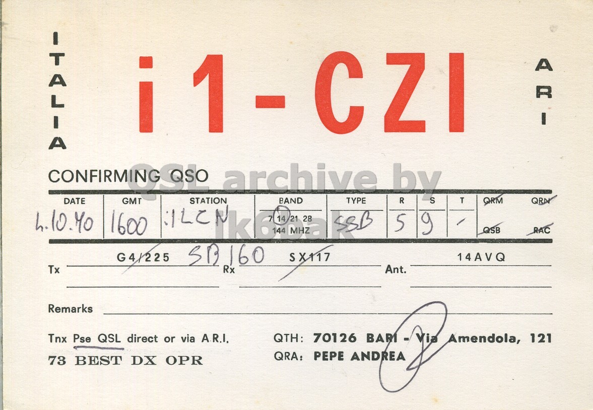 Front QSL card, of I1CZI to I1LCN, October 4, 1970, SSB mode. And contains this text: ITALIA i1 - CZI CONFIRMING OSO GMT archive TYPE by R STATION 14 BAND S DATE T QRM QRN SSB 5 9 / QSB RAC G4/225 SB160 SX117 14AVQ Tx Rx Ant. Remarks Tnx Pse QSL direct or via A.R.I. QTH: 70126 Amendola, 121 QRA: PEPE 73 BEST DX OPR ITALIA i1 - CZI GMT archive TYPE by R STATION 14 BAND S DATE T QRM QRN 1600 SSB 5 9 / QSB RAC G4/225 SB160 SX117 14AVQ Tx Rx Ant. Remarks Tnx Pse QSL direct or via A.R.I. QTH: 70126 Amendola, 121 QRA: PEPE 73 BEST DX OPR.