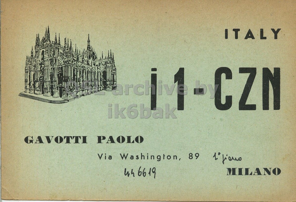 Front QSL card, of I1CZN to I1LCN, January 6, 1963, PH mode. And contains this text: ITALY by CZN ik6bak GAVOTTI PAOLO 446619 MILANO ITALY by CZN ik6bak GAVOTTI PAOLO Via Washington, 89 446619 MILANO.