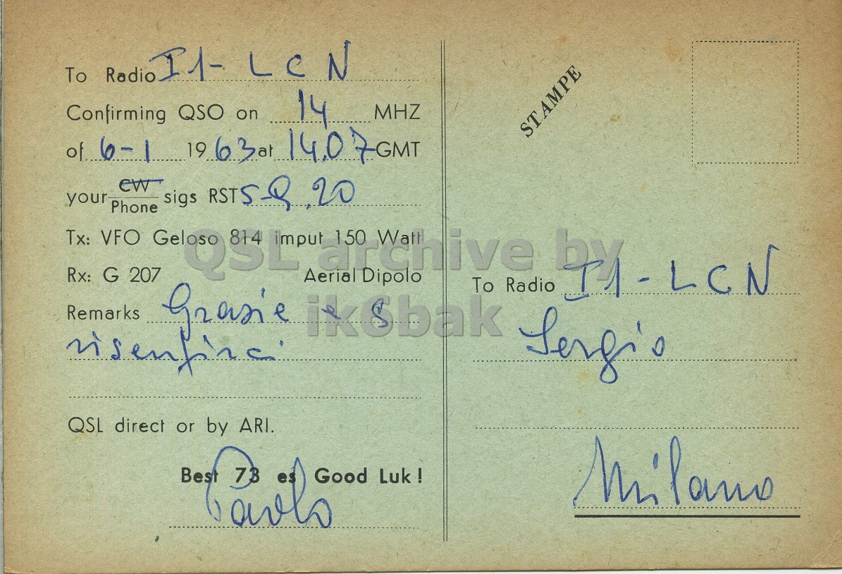Right QSL card, of I1CZN to I1LCN, January 6, 1963, PH mode. The QSL image contains the following objects: Book, Publication, Envelope, Mail, Postcard. And contains this text: To Radio I1- LCN QSO MHZ on STAMPE sigs RSTS-Q 20 your Tx: Rx: VFO G Phone ew 207 GOSE! archive 150 To Remarks QSL direct or by ARI. Best Good Luk ! To Radio I1- LCN Confirming 19 14 QSO MHZ on STAMPE sigs 20 your Tx: Rx: VFO G Phone ew 207 150 To Remarks Aerial Dipolo Radio QSL direct or by ARI. Best Good Luk !.