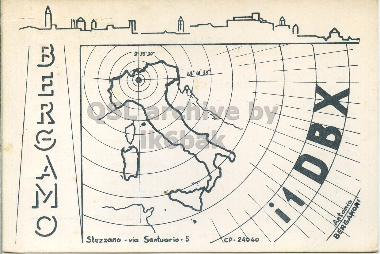 Front QSL card, of I1DBX to I1LCN, February 26, 1970, PH mode. The QSL image contains the following objects: Plot. And contains this text: 45° 41 39" by Antonio CP-24040 BERGAMONI 45° 39" by Antonio Stezzano - via CP-24040 BERGAMONI.