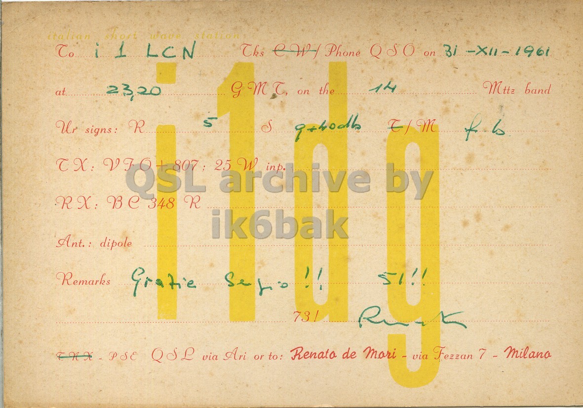 Front QSL card, of I1DG to I1LCN, December 31, 1961, PH mode. The QSL image contains the following objects: Handwriting. And contains this text: italian short wave station To i 1 LCN 14 Mttz band 23,20 5 S Ur signs: R 25 archive TX: W ik6bak Ant.: dipole QSL Ari to: via or R Renato de italian short wave station To i 1 LCN Phone QSO on -X11-1961 on the... 14 Mttz band 23,20 5 S Ur signs: R 25 archive E/M RX: Be 348 R TX: W ik6bak dipole Remarks Gratie QSL Ari to: via or Fezzan R Renato de.