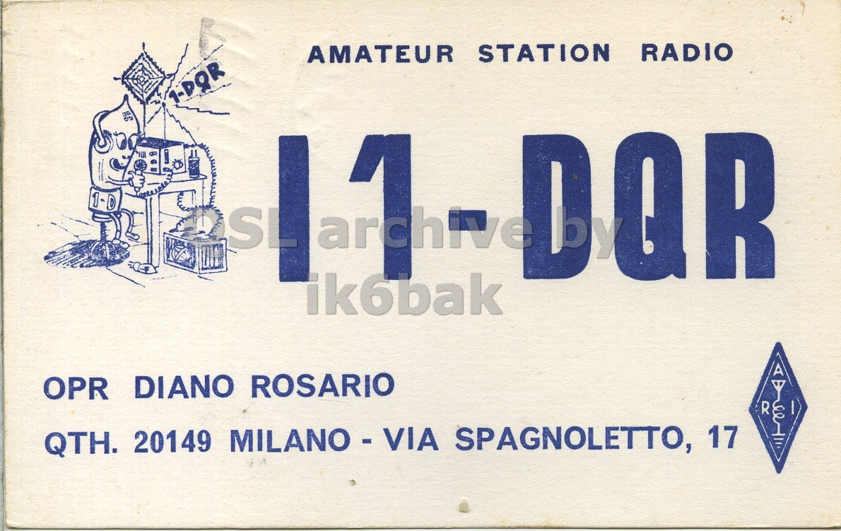 Front QSL card, of I1DQR to I1LCN, March 14, 1971, SSB mode. The QSL image contains the following objects: License Plate, Vehicle. And contains this text: AMATEUR STATION RADIO 1-DQR 2SL DQR ik6bak A OPR DIANO ROSARIO R QTH. 20149 MILANO - VIA SPAGNOLETTO, 17 AMATEUR STATION RADIO 1-DQR 2SL DQR ik6bak A OPR DIANO ROSARIO R QTH. 20149 MILANO - VIA SPAGNOLETTO, 17.