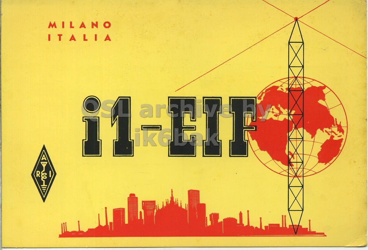 Front QSL card, of I1EIF to I1LCN, January 8, 1966, PH mode. The QSL image contains the following objects: Advertisement, Poster. And contains this text: MILANO ITALIA R MILANO ITALIA V R.