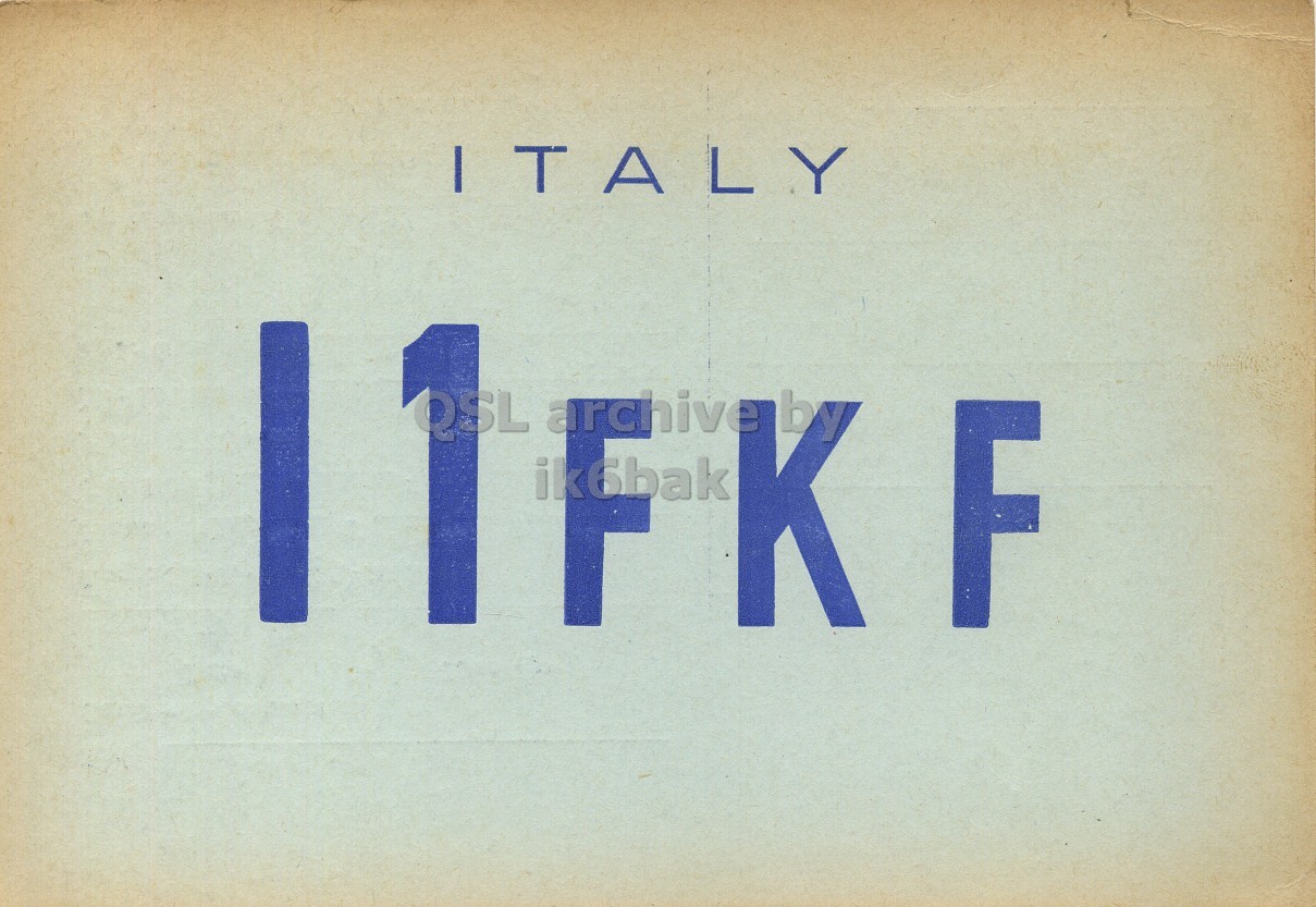 Front QSL card, of I1FKF to I1LCN, December 16, 1962, PH mode. The QSL image contains the following objects: Book, Publication. And contains this text: ITALY QSL ik6bak K archive F ITALY QSL ik6bak K archive F.