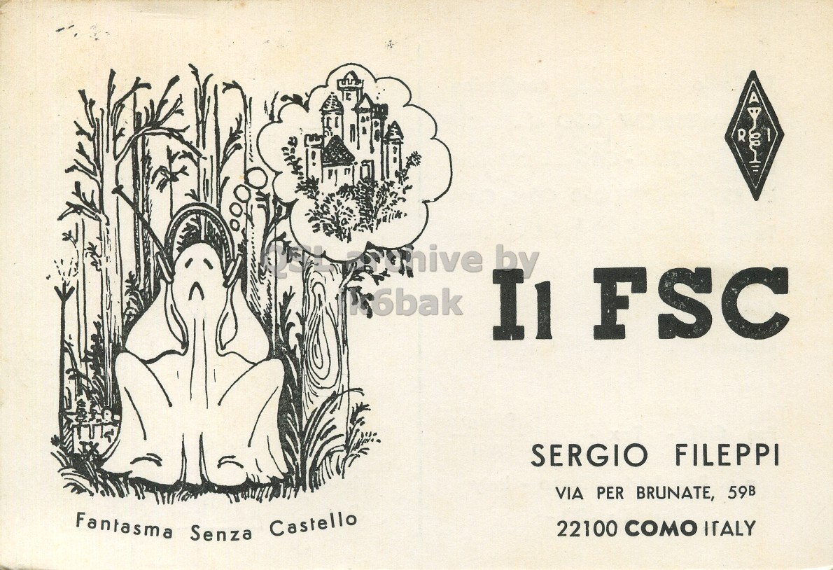 Front QSL card, of I1FSC to I1LCN, May 16, 1970, AM mode. The QSL image contains the following objects: Person, Face, Head, Art. And contains this text: Il FSC SERGIO FILEPPI VIA PER BRUNATE, 59B Fantasma Senza Castello 22100 COMO ITALY by Il FSC SERGIO FILEPPI VIA PER BRUNATE, 59B Fantasma Senza Castello 22100 COMO ITALY.