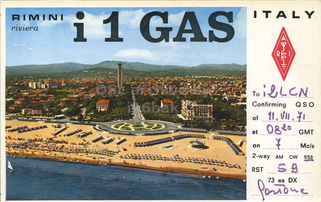 Front QSL card, of I1GAS to I2LCN, July 11, 1971, SSB mode. The QSL image contains the following objects: City, Building, Urban, Boat, Poster. And contains this text: 1 GAS ITALY RIMINI riviera R To iLLCN Confirming QSO of at 0820 GMT on Mc/s 2-way AM CW SSB RST 73 DX 1 GAS ITALY RIMINI riviera R To iLLCN Confirming QSO of at 0820 GMT on Mc/s 2-way AM CW SSB RST 73 DX es.